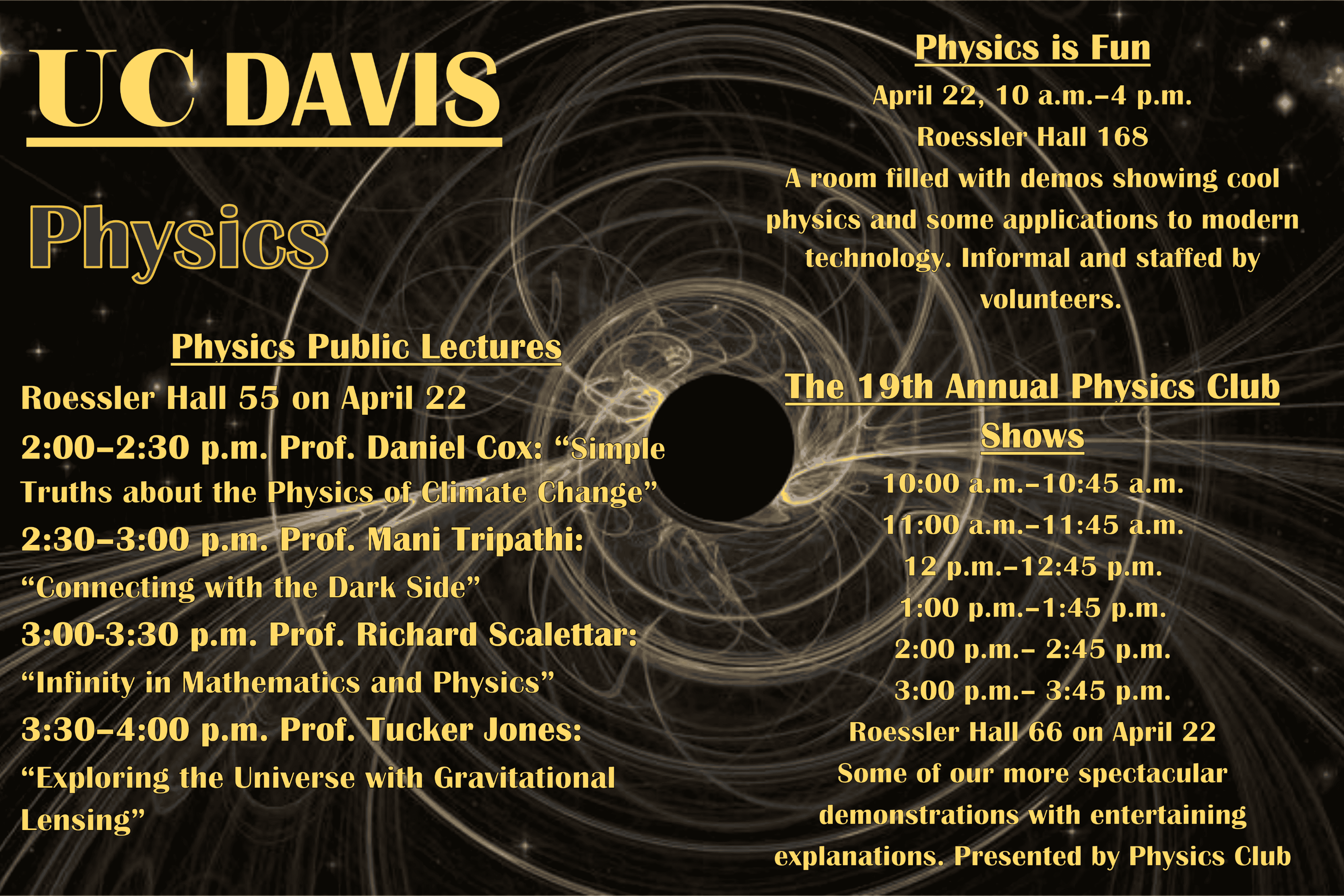 The 2017 Physics schedule for Picnic Day is shown in yellow font on a brown background.