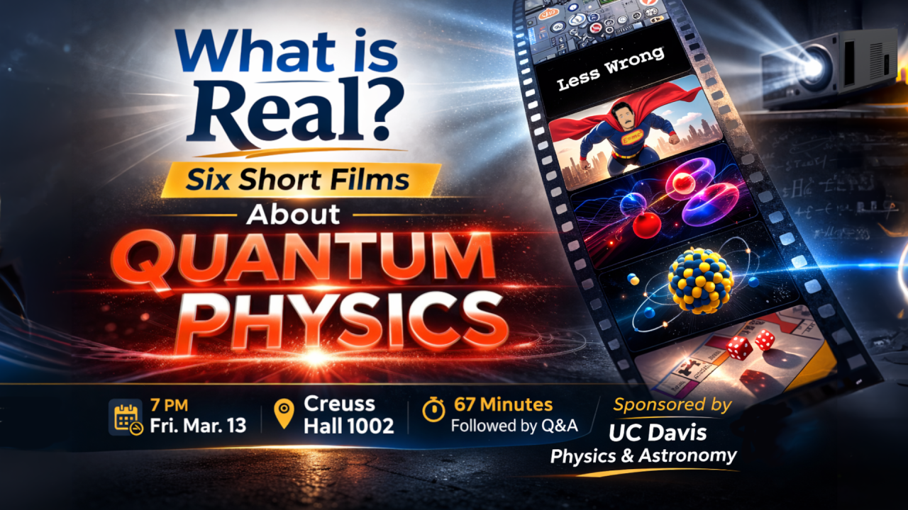 Poster promoting a screening of six short films about quantum physics, featuring vibrant colors and graphics.