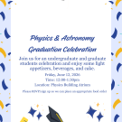 Physics &amp; Astronomy graduation invitation graphic with blue and gold confetti and mortarboards