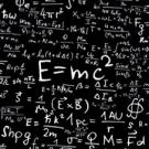 Black background covered with various scientific equations and formulas, highlighting E=mc².